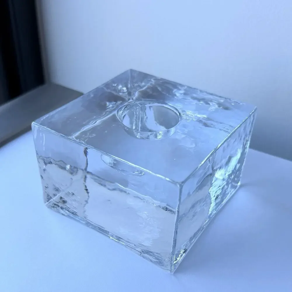 Simon Pearce Glass Woodbury Square Ice Cube Candlestick Holder 3 3/4” Textured